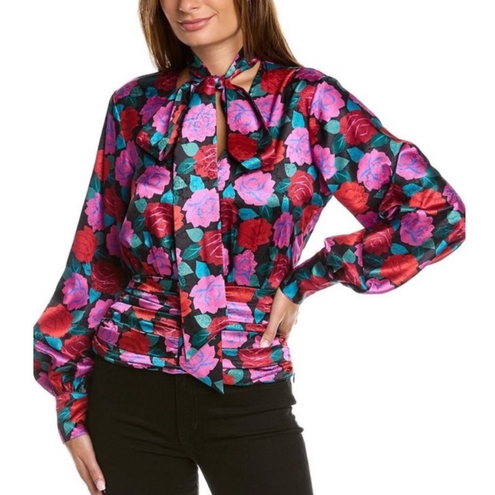 Ronny Kobo Eden Satin Blouse In Rose Floral Sz S